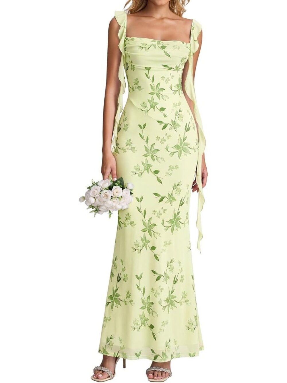 Women's Green Floral Boat Neck Elegant Ruffle Bodycon Formal Cocktail Maxi Dress
